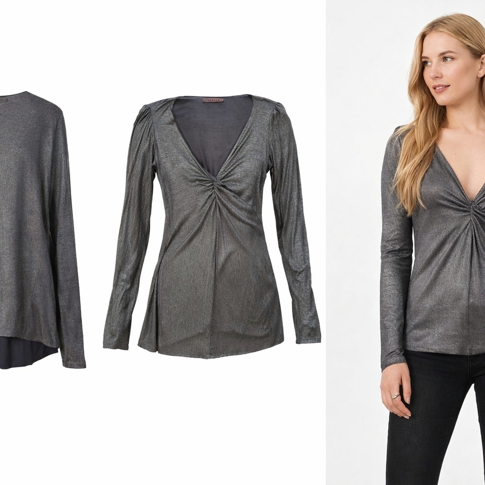 Velvet Made in USA Micromodal Draped V-Neck Long Sleeve Top Silver Gray P